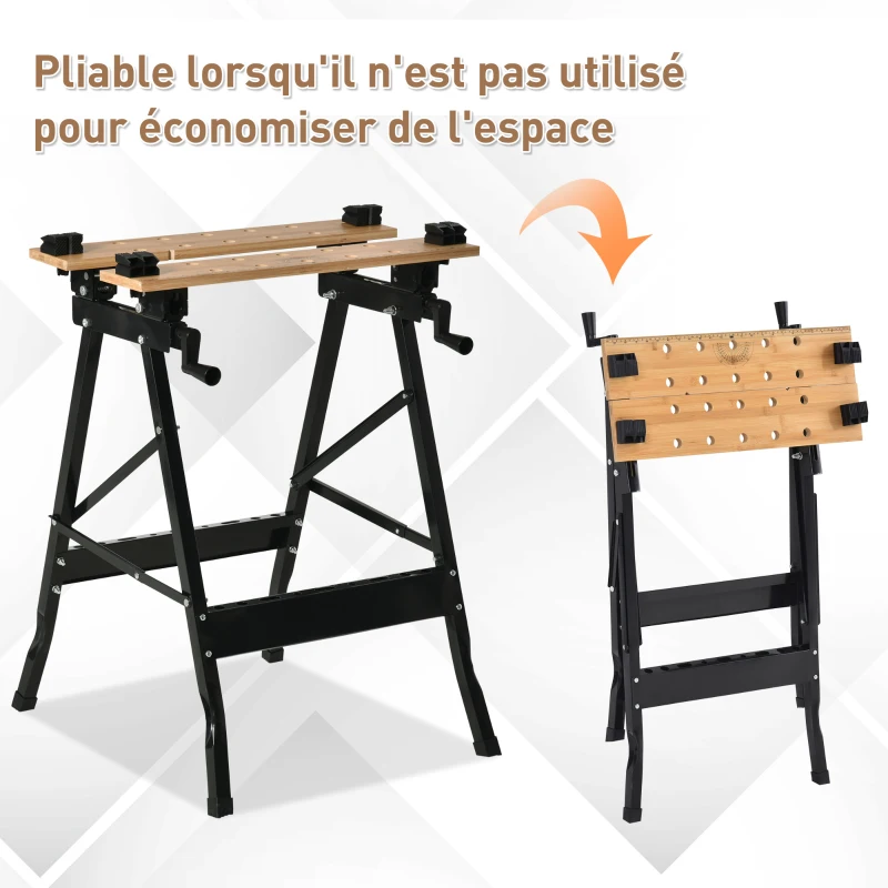 HOMCOM Établi pliant établi de serrage avec 4 serre-joints table de travail, charge 150 kg, 63,5x60,5x78cm, noir