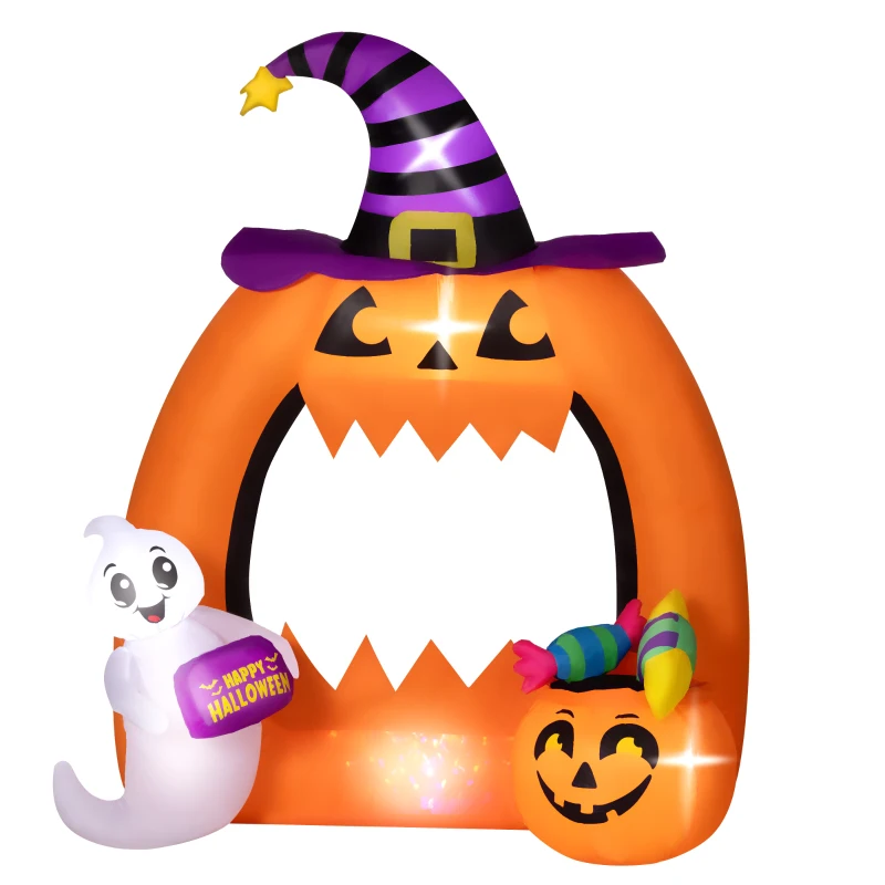 Outsunny Arco de Abóbora Insuflável de Halloween 150 cm com Fantasma Fofo Decoração Insuflável de Halloween com LEDs