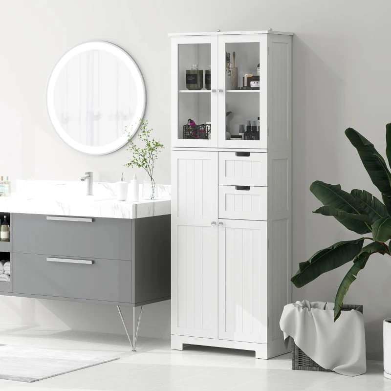 HOMCOM Móvel Alto de Armazenamento Armário com Portas de Vidro e Prateleiras Ajustáveis para Banheiro Cozinha Sala Branco