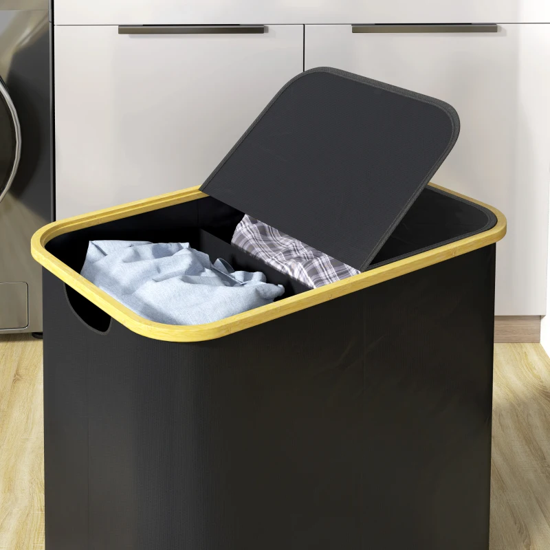 HOMCOM Cesto de Roupa Duplo Dobrável 80 L Cesto de Roupa Suja com Tampa Alças Ranhuradas Preto