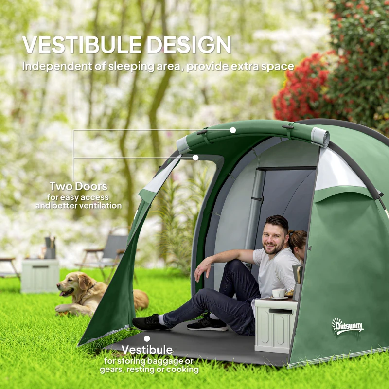 Outsunny Tent voor 3-4 personen 190T tunneltent kampeertent glasvezel donkergroen(m-6)