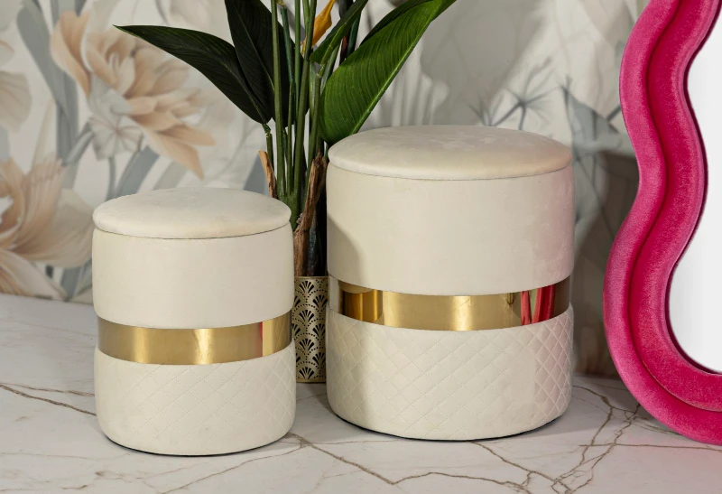 Mauro Ferretti Set De Puf Cu Recipient Sheffild Crem 2 Bucăți Cm Ø 37X42-28X33