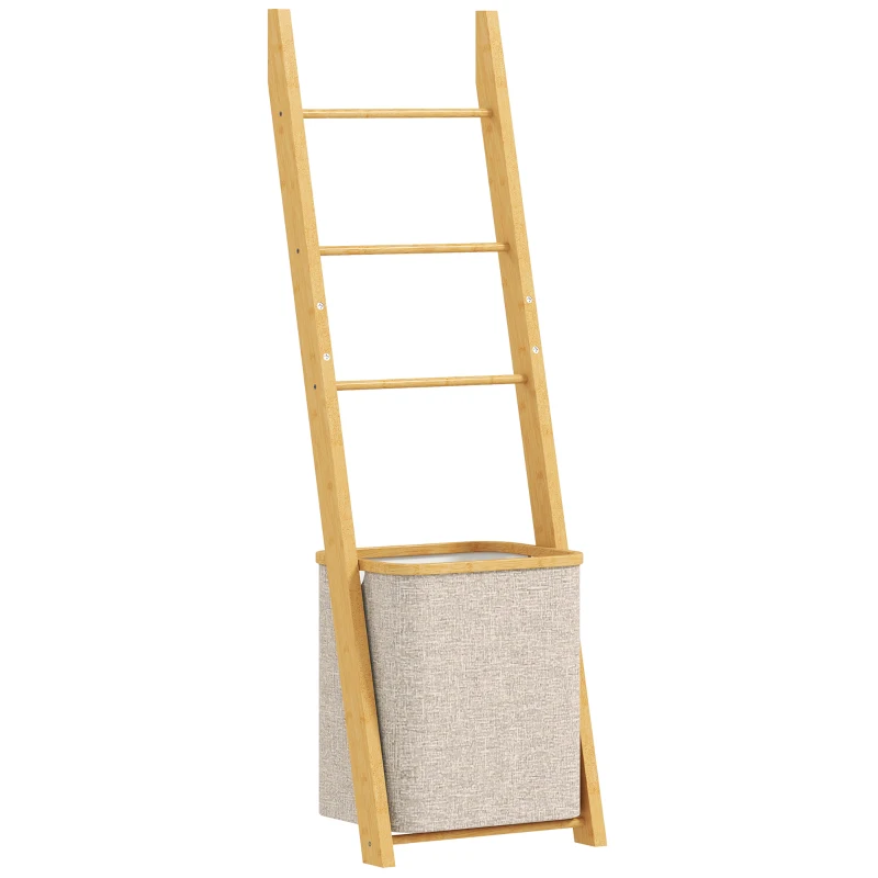 HOMCOM Estante para Casa de Banho de Bambu com 3 Barras e Cesto para Roupa Suja Removível de 48 L 43x35x133 cm Creme e Madeira