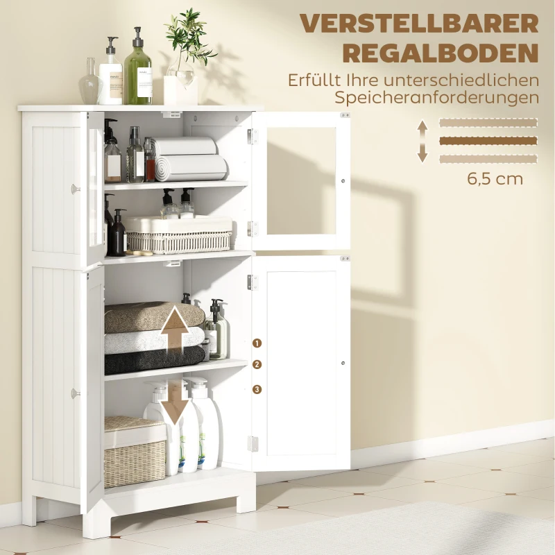 kleankin Badezimmerschrank, mit 2 Staufächern, Glastüren, Einlegeboden, Schutzlackierung, weiß, 60 x 30 x 108,5 cm