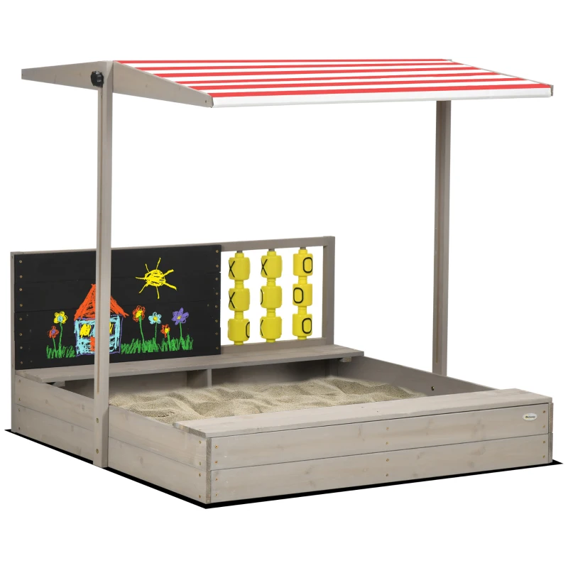 Outsunny Caz de nisip pătrat din lemn pentru copii cu bănci acoperiș reglabil, tablou și jocuri 114 x 113 x 110 cm gri