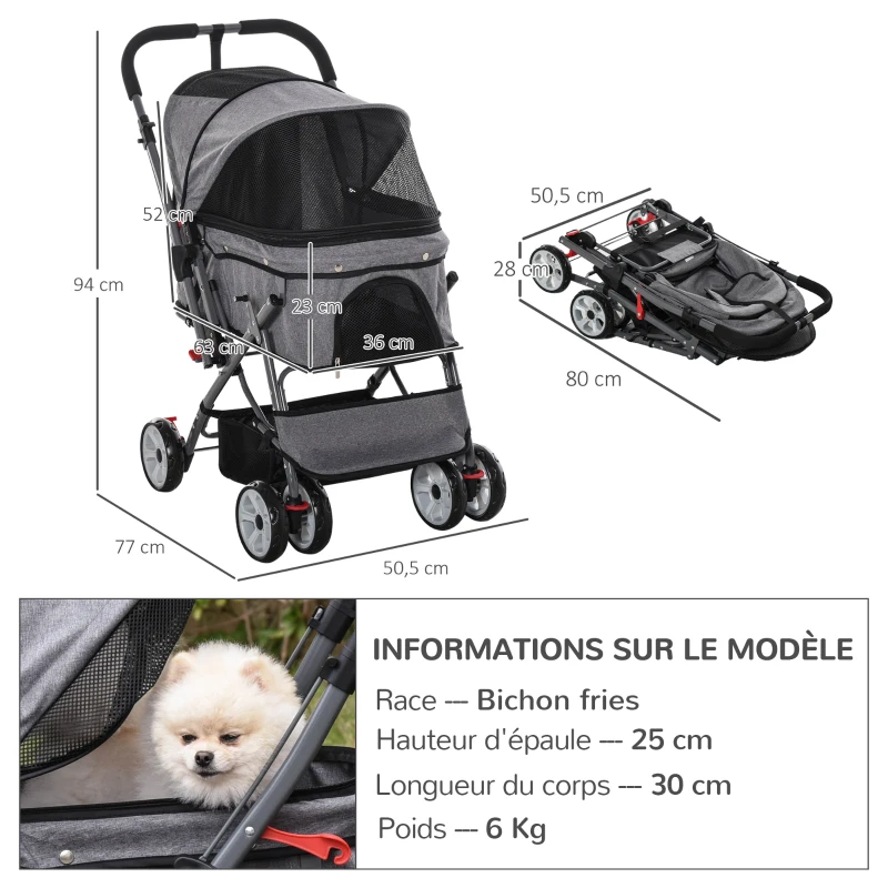 Pawhut Carrinho Dobrável para Cães e Gatos Cesto Bolsa de Armazenamento Cintos de Segurança Capa Ajustável em Aço Oxford Cinza Preto