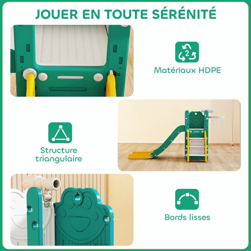 AIYAPLAY Toboggan pour tout-petits 5 en 1 toboggan autoportant pour enfant avec panier de basket, télescope, 178x70x86cm, jaune