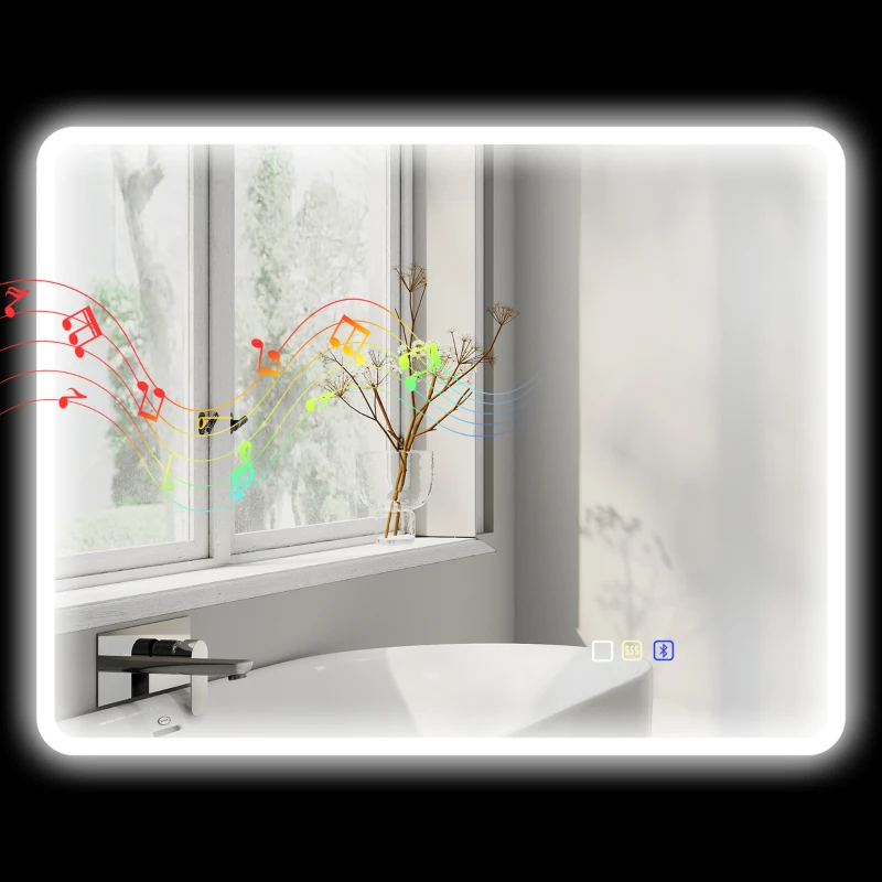 HOMCOM Oglindă de baie LED bluetooth 70 x 90 cm interruptor tactil lumină reglabilă 3 culori anti-abur memorie argintiu