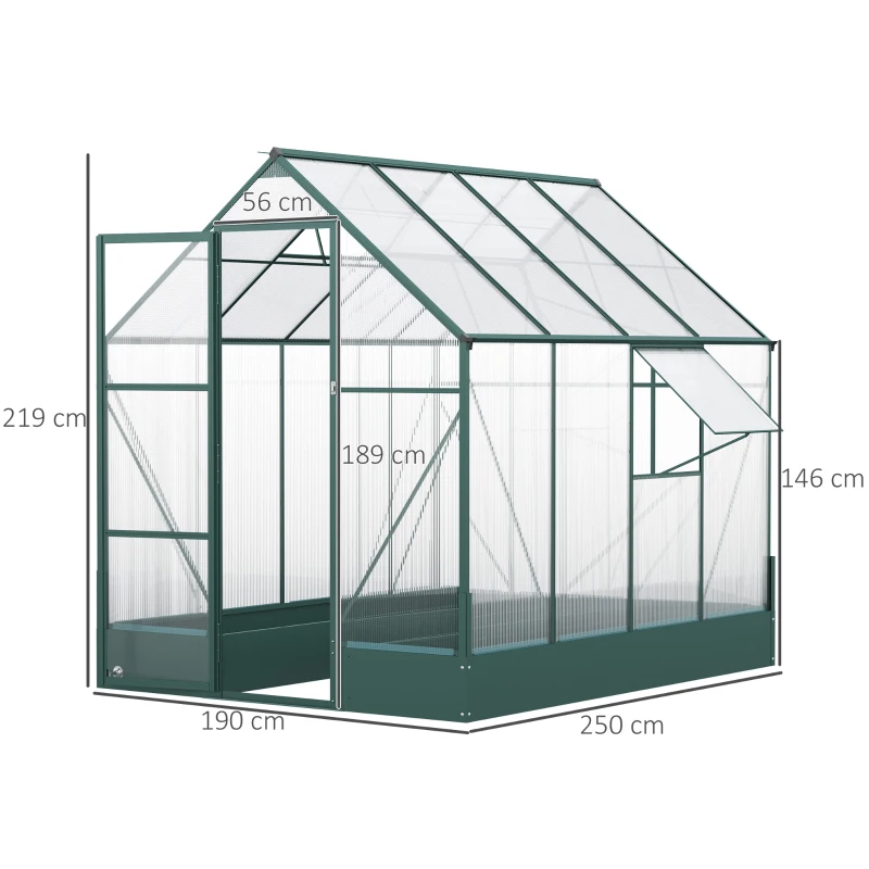 Outsunny Garden Walk-in Polycarbonate Greenhouse with Raised Garden Bed, Temperature Controlled Window, Aluminium Frame & Foundation, 6 x 8ft