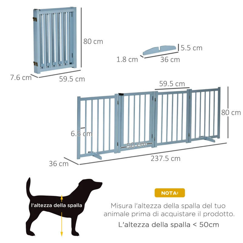 PawHut Cancellino Pieghevole per Cani Taglia Piccola/Media con 4 Pannelli in Legno e Porta, 237.5x36x80 cm, Grigio