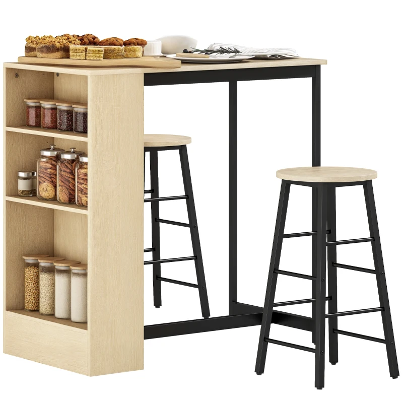 HOMCOM Conjunto Mesa de Bar com Banquetas Compartimentos Abertos Prateleira Ajustável e Apoio para os Pés Carvalho e Preto