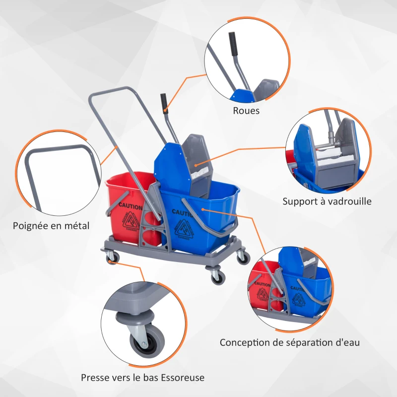HOMCOM Chariot de lavage chariot de nettoyage professionnel presse à mâchoire 2 seaux 25 L 73L x 45l x 92H cm plastique gris bleu rouge