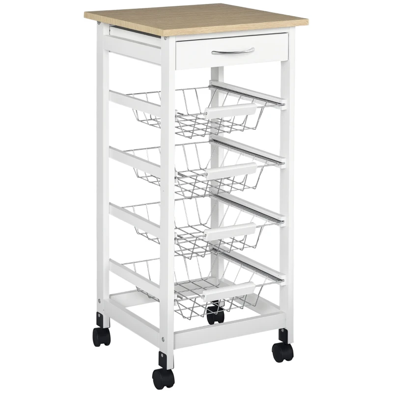 HOMCOM Cărucior de servire măsuță cu roți multi-rangements 4 coșuri metal + sertar lemn de pin 37 x 37 x 82 cm alb