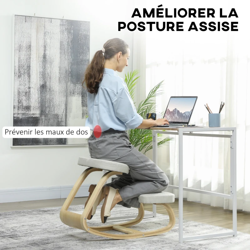 HOMCOM Siège assis genoux, siège ergonomique en bois à bascule, chaise à genoux pour bureau à domiciles, crème