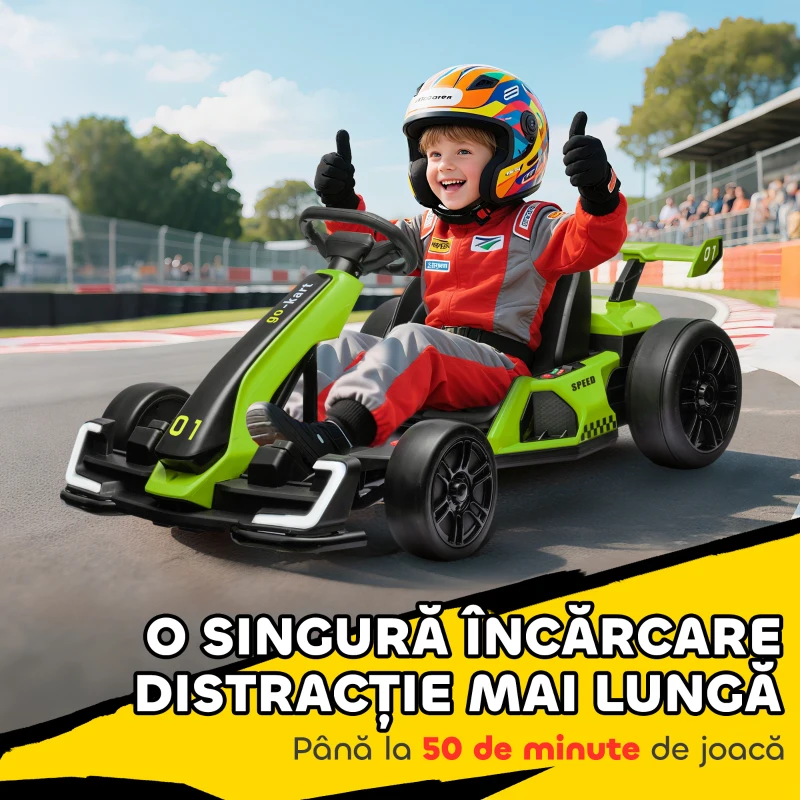 HOMCOM Go Kart Electric pentru Copii cu Scaun Reglabil, 2 Motoare, Claxon, Lumini și Muzică, 120x76x53,5 cm, Verde(m-7)