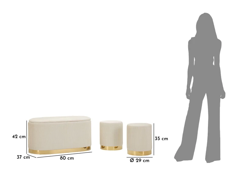 Mauro Ferretti Banca Cu Depozitare Și Taburet Shopy Crem Set 3 Bucăți Cm 80X37X42-29X33