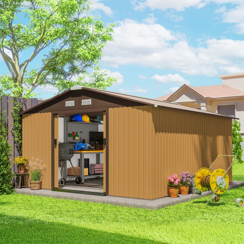 Outsunny Metalen Tuinhuis 340x386x200cm, Waterdicht voor Tuinbenodigdheden, bruin