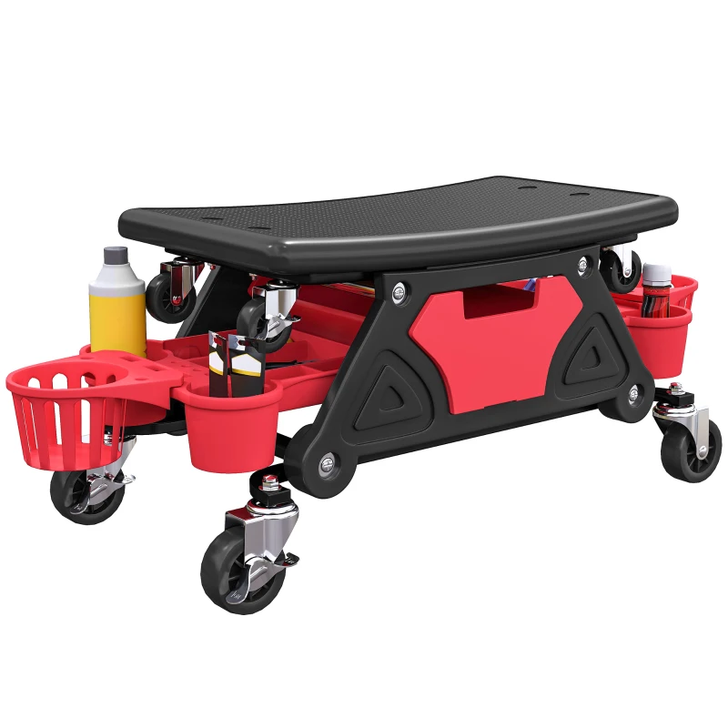 HOMCOM Taburet de atelier mobil 135 kg, taburet de mecanic cu roti rotative 360° cu rafturi, 86x33x33cm, rosu