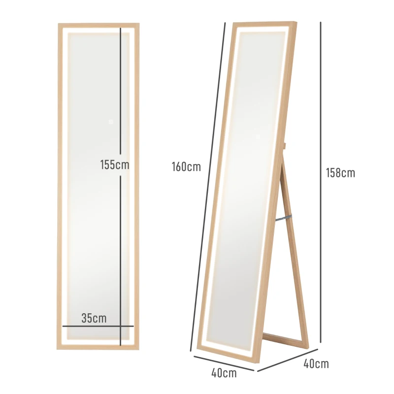 HOMCOM Grande specchio da terra, specchio da parete o da terra rettangolare, 40 x 160 cm con illuminazione a LED 3 colori, rovere