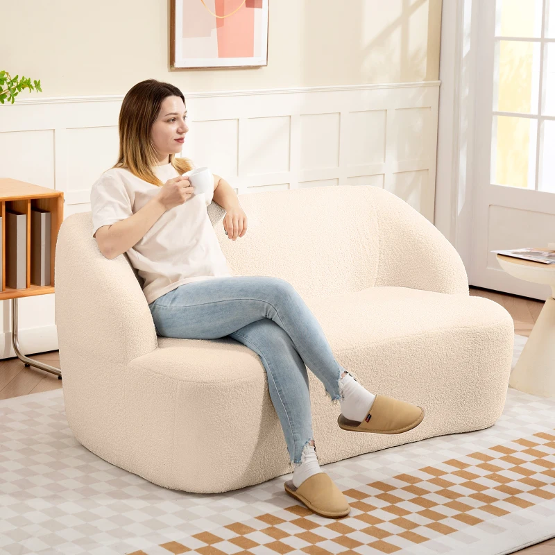 HOMCOM Sofá de 2 Lugares Estofado em Borreguito Sofá de Sala de Estar com Desenho Curvo e Acolchoamento Grosso142x85x73,5 cm Bege