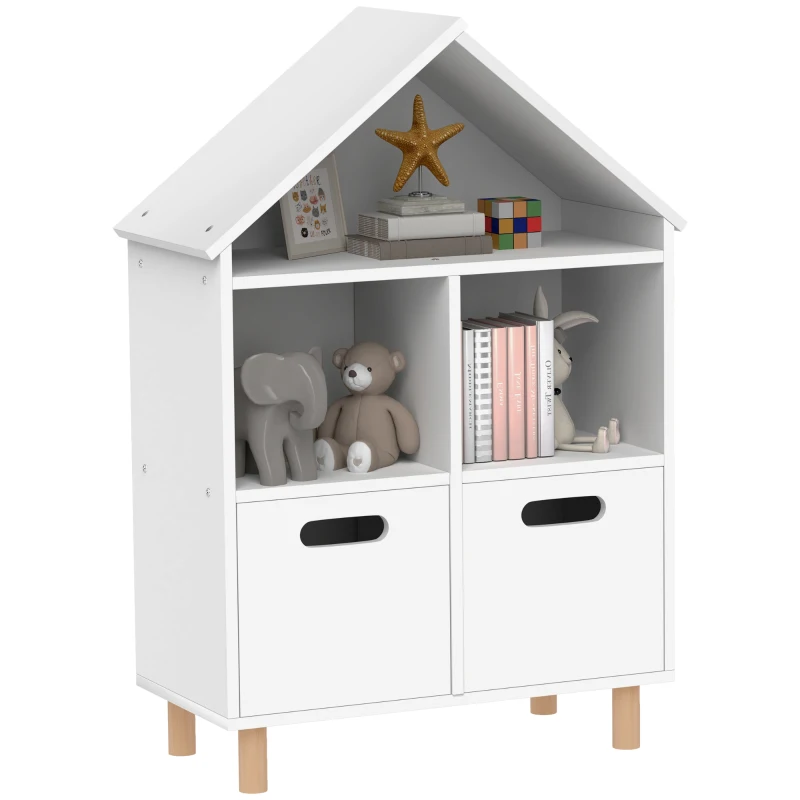 AIYAPLAY Bibliotecă pentru copii mobilier de depozitare pentru copii 3 nivele cu două sertare formă de casă 63,7 x 29,7 x 89 cm alb