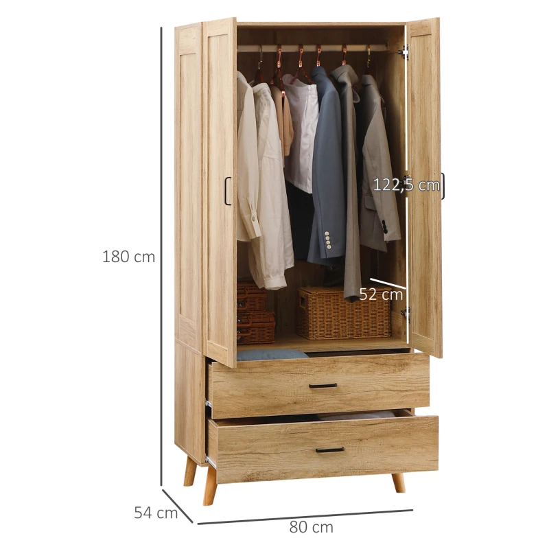 HOMCOM Armário de Roupas Armário de Armazenamento 2 Portas e 2 Gavetas com Cabide 80x54x180 cm