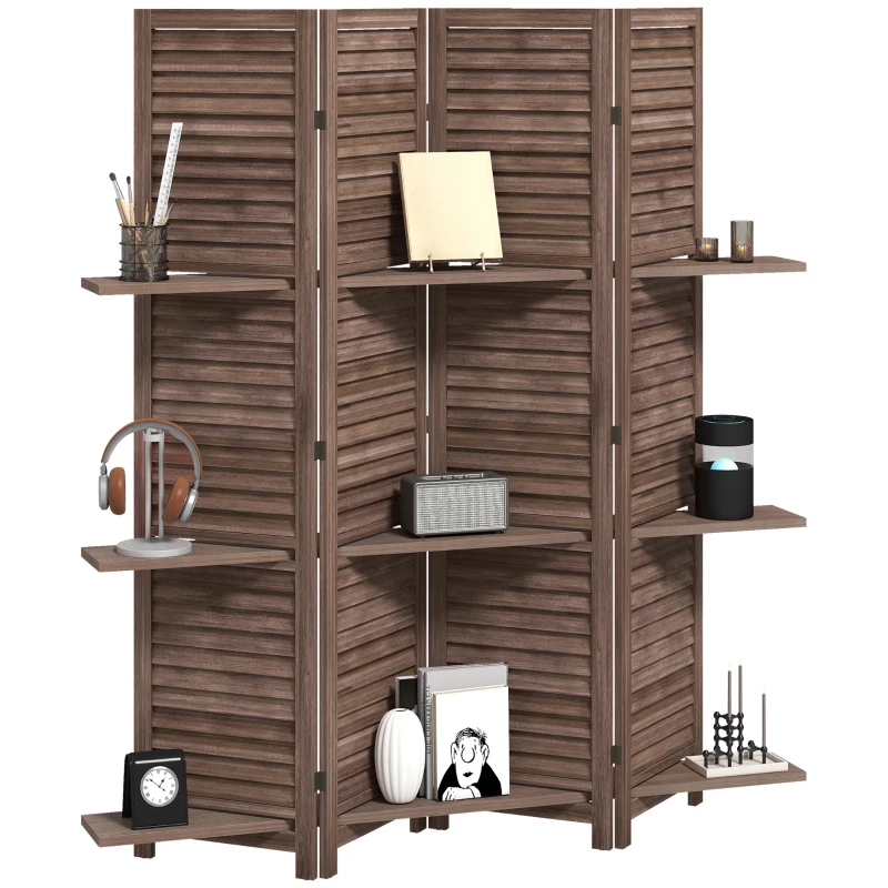 HOMCOM Paravent intérieur en bois 4 panneaux 160 x 170 cm, séparateur de pièce pliable avec 3 étagères, noyer
