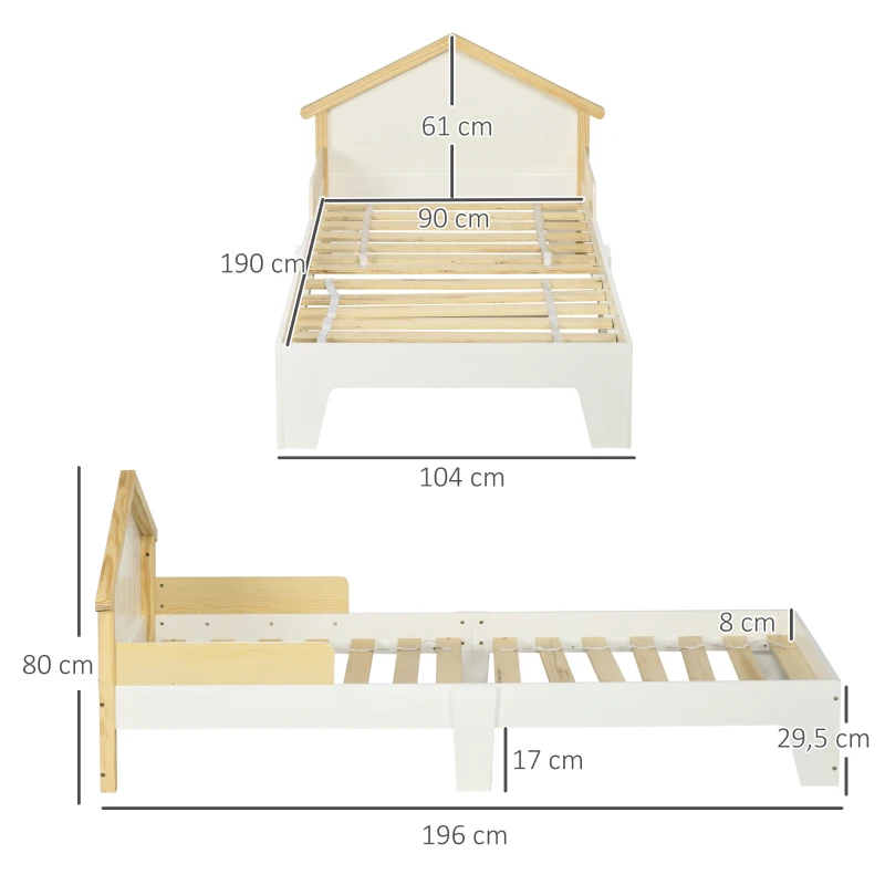 HOMCOM Cama Infantil Estrutura de Berço com Cabeceira em Forma de Casa e Estrado de Ripas Incluído 90x190 cm Pinho Maciço Branco