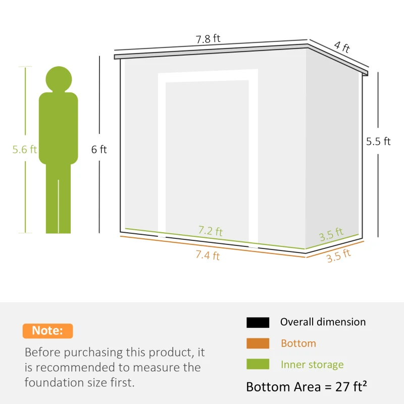 Outsunny 2,4 x 1,3 m Tuinschuur, Kunststof Tuinhuis met Bodem, Raam, Afsluitbare Deuren, voor Tuin, Terras, Grijs