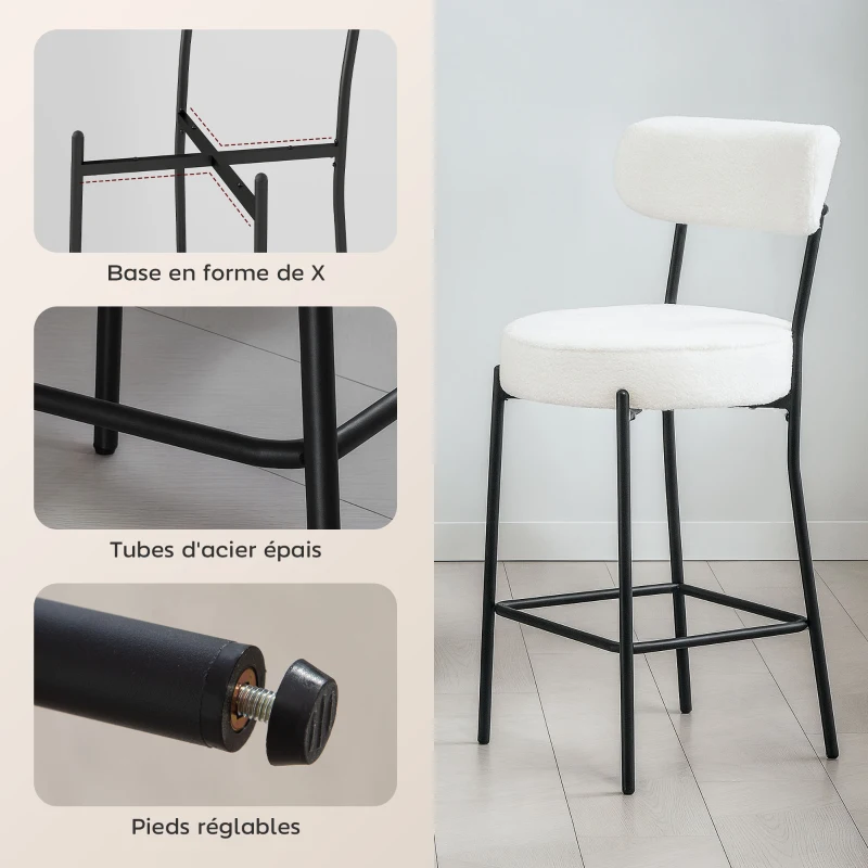 HOMCOM Lot de 2 tabourets de bar en tissu bouclette, chaises de bar avec dossier courbé, repose-pieds, 49x52x95cm, crème