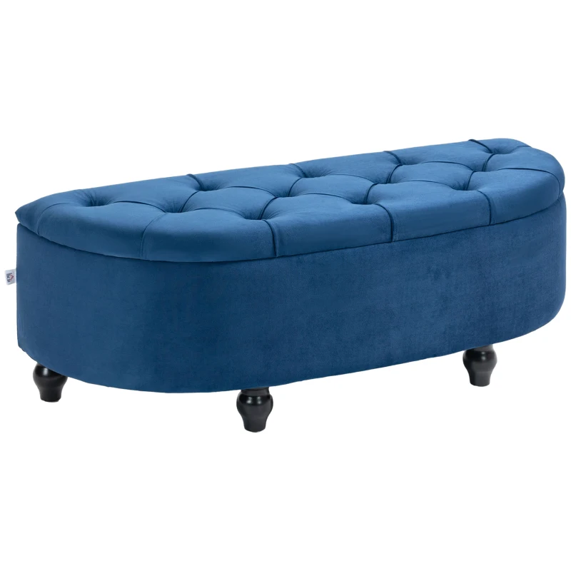 HOMCOM Baú de Armazenamento Pouf 2 em 1 Pouf Capitonê Meio-Círculo Pés em Madeira de Seringueira Preta Revestimento em Veludo Azul