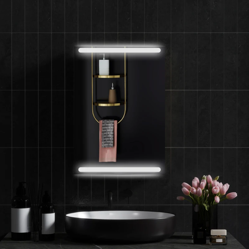 HOMCOM Dulap baie cu oglindă cu lumini LED și rafturi din sticlă reglabile, montat pe perete 50x12,5x70cm, lemn natural