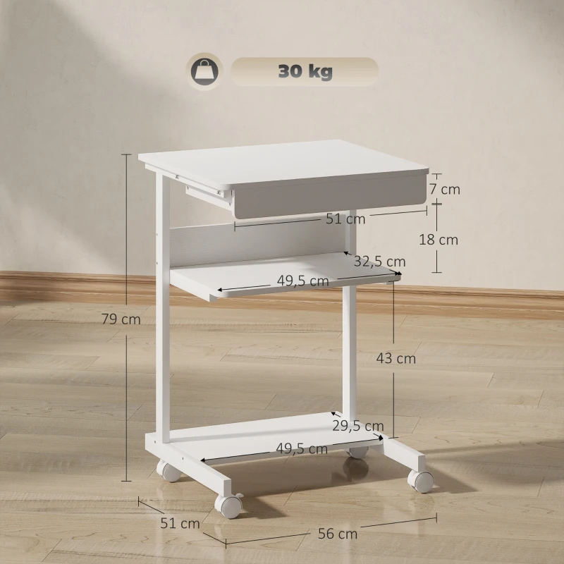 HOMCOM Secretária de Computador com Rodas Secretária com Armazenamento 56x51 cm com Gaveta Compartimento e Suporte Cpu Branco