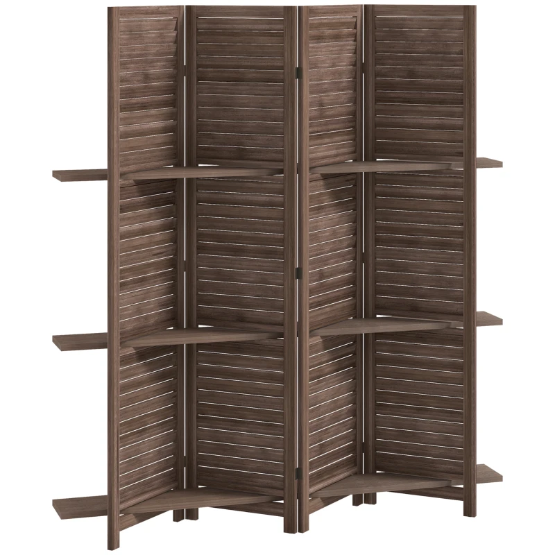 HOMCOM Innenraum-Paravent aus Holz 4 Paneelen 160 x 170 cm, faltbarer Raumteiler mit 3 Regalen, Nussbaum