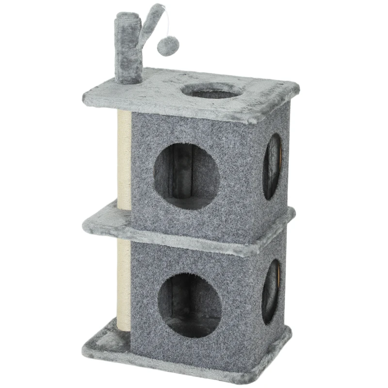 PawHut Árbol para gatos de 3 niveles torre para gatos 2 cuevas y superficie de descanso confortable, bola 43 x 33 x 80 cm gris oscuro