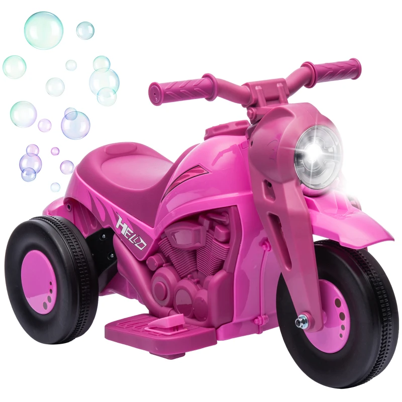 AIYAPLAY Moto electrică copii 2-5 ani, 3 roți, 6 V, 3 km/h, cu funcție de bule, efecte luminoase și sonore, roz