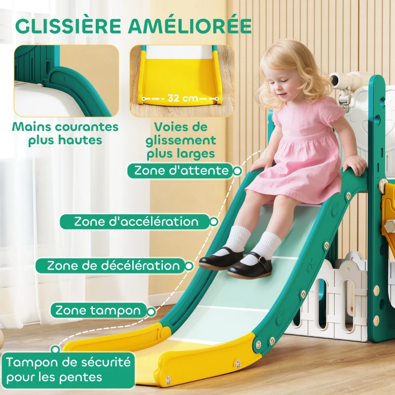 AIYAPLAY Toboggan pour tout-petits 5 en 1 toboggan autoportant pour enfant avec panier de basket, télescope, 178x70x86cm, jaune