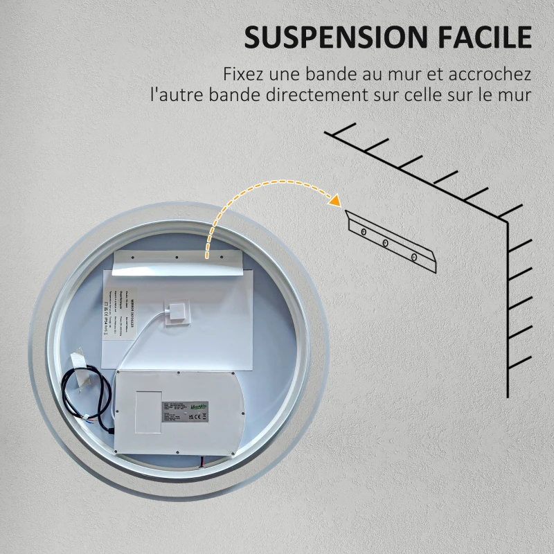 kleankin Oglindă rotundă luminoasă LED de baie Ø 70 cm murală cu iluminare 3 culori comutator tactil 23W alb argintiu