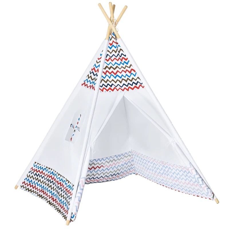 HOMCOM Cort pentru Copii de +3 Ani Tipi Infantil de Lemn Portabil cu Fereastră pentru Interior și Exterior 120x120x155 cm Alb