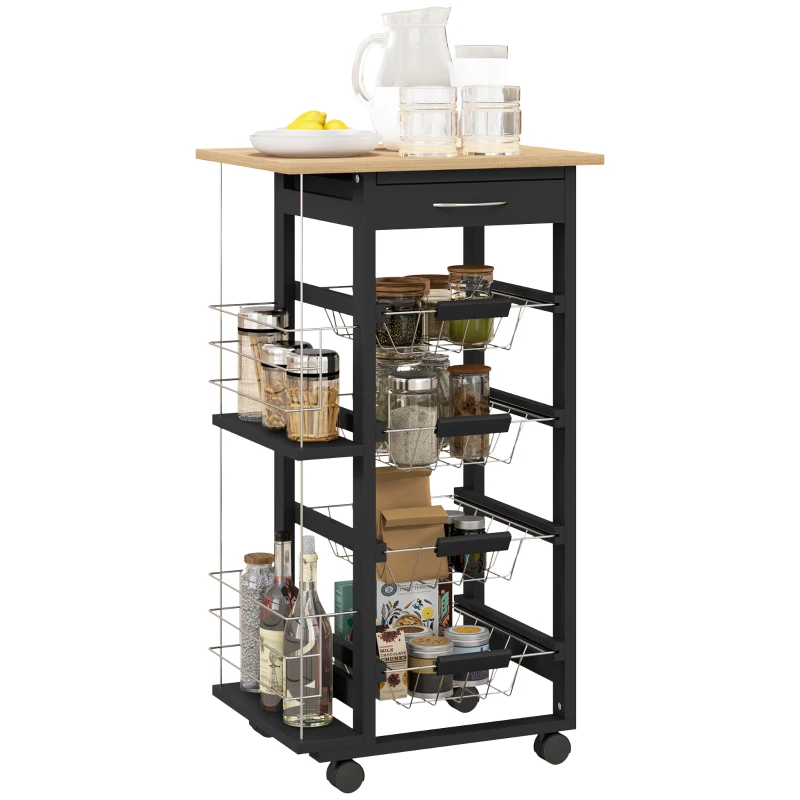 HOMCOM Carucior de Bucătărie cu Roți Carucior Multiusos cu Sertar 4 Coșuri Detașabile de Metal și Rafturi 47x37x83 cm Negru