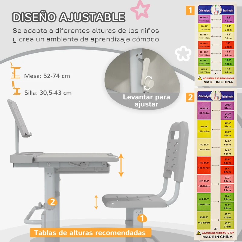 ZONEKIZ Pupitre Infantil Ajustable con 1 Cajón 1 Estante para Libros y Ángulo de Mesa Ajustable 80x49,5x82-104 cm Gris y Blanco