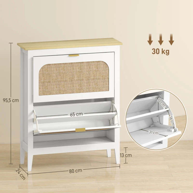 HOMCOM Sapateira Estreita com 2 Portas em Vime e Prateleiras Ajustáveis para 14 Pares de Sapatos 105x24x95,5 cm Branco
