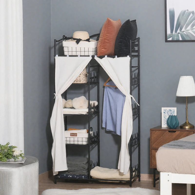 HOMCOM Armário para Quarto Adulto Armário de Roupa Vestuário 5 Prateleiras 84x42x159 cm Metal Preto 2 Cortinas Brancas