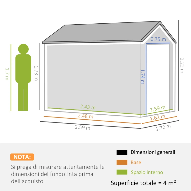 Outsunny Tuinhuis, metalen opbergschuur, dubbele deur, raam, 259x172x222 cm, grijs/wit(m-3)