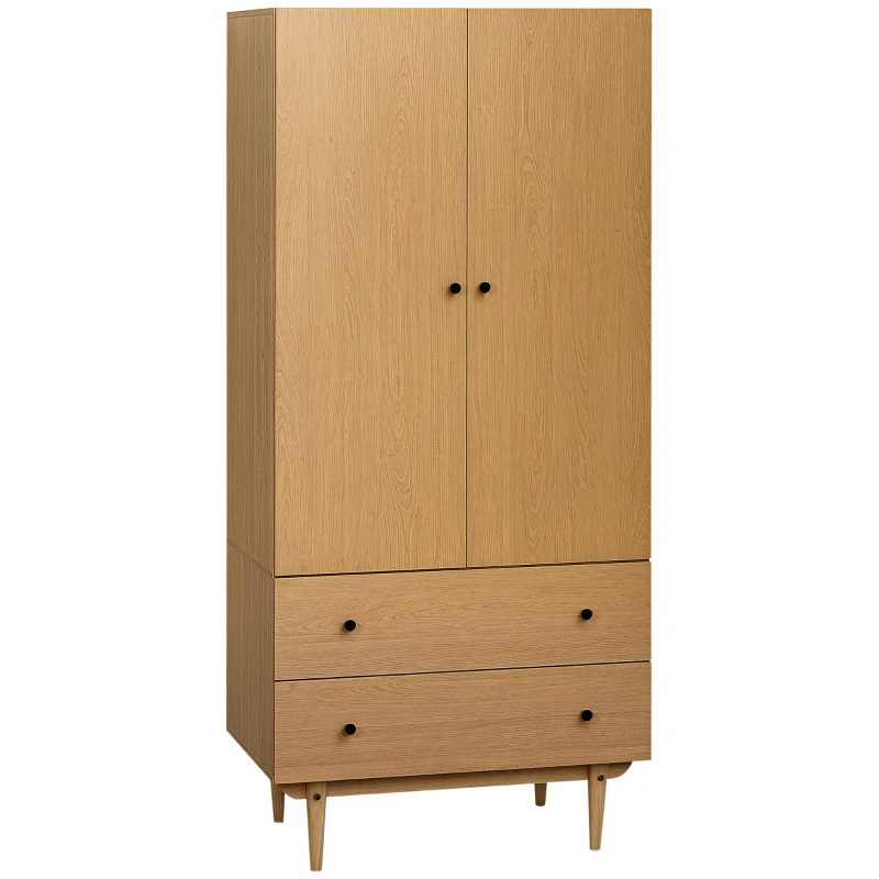 HOMCOM Dulap pentru haine cu 2 uși, 2 sertare și bară pentru agățat, 80 x 52 x 180 cm, aspect lemn