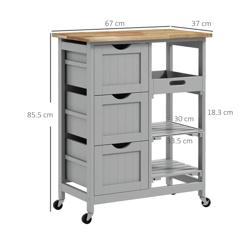 HOMCOM Carucior Auxiliar cu Roti Carucior de Bucatarie cu 3 Sertare 2 Rafturi Deschise si Tava Detasabila 67x37x85,5 cm Gri