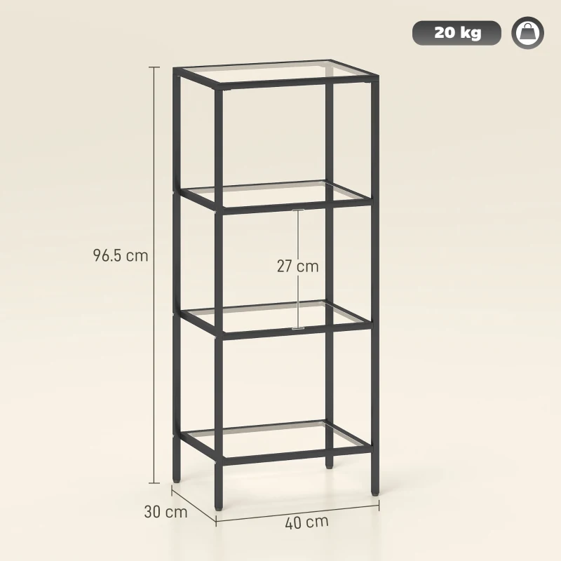 HOMCOM 4-Tier Shelving Unit, Glass Shelf, Vertical Storage Shelf for Living Room, Home Office, Bedroom, Bathroom, Black