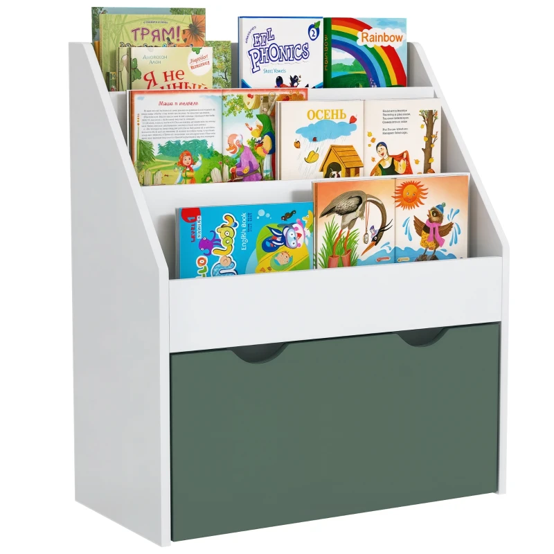 AIYAPLAY Bibliotecă pentru copii, depozitare multiplă cu 3 nivele de rafturi și un sertar, 62,5L x 30l x 70H cm, verde