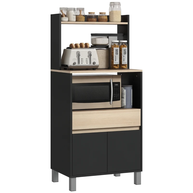 HOMCOM Móvel Carrinho de Cozinha para Micro-Ondas com Armário Gaveta Prateleira Superior 60x40x131 cm Natural e Preto