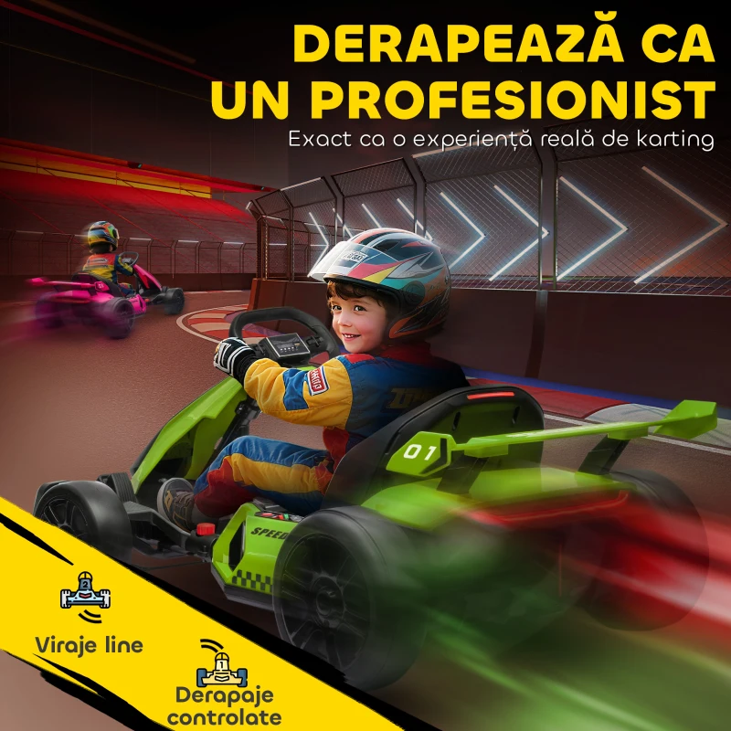 HOMCOM Go Kart Electric pentru Copii cu Scaun Reglabil, 2 Motoare, Claxon, Lumini și Muzică, 120x76x53,5 cm, Verde(m-4)